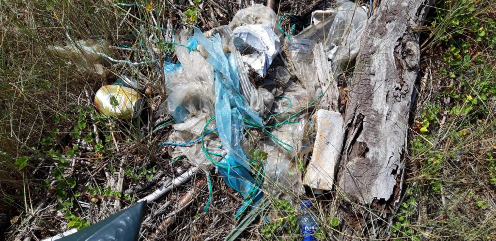 Plastikmüll und Schnüre am Strand