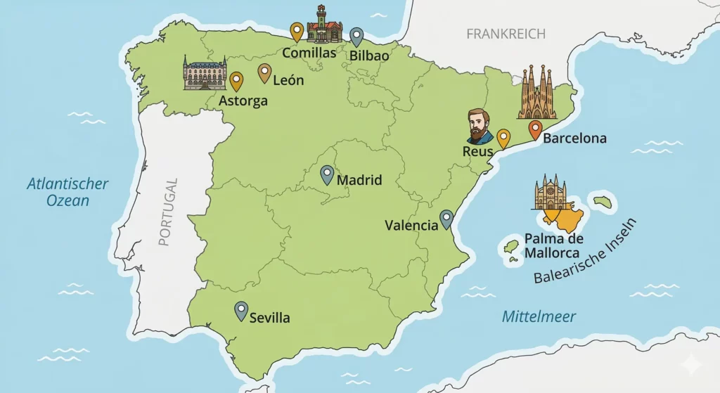 Illustrierte Karte mit den Bauwerken von Gaudí in ganz Spanien