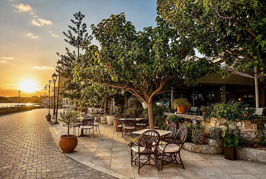 Xenios Apartments, Einladendes Hotelrestaurant mit liebevoll gedeckten Tischen.