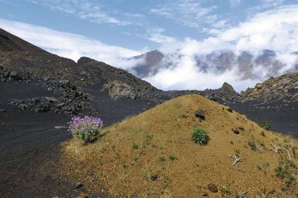 Vulkanische Landschaft auf Fogo mit Wolken im Hintergrund