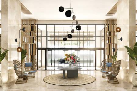 Four Points by Sheraton São Vicente Resort, Designorientierte Hotellobby mit außergewöhnlichen Lichtinstallationen und modernen Kunstobjekten.