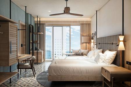 Four Points by Sheraton São Vicente Resort, Detailansicht des Schlafbereichs in einem Premium-Zimmer mit stimmungsvoller Beleuchtung.