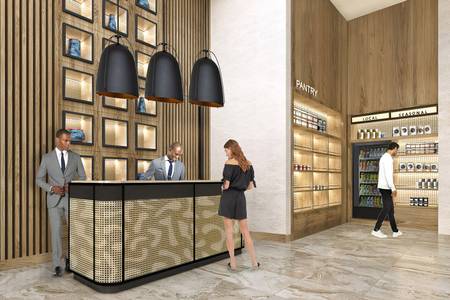 Four Points by Sheraton São Vicente Resort, Eingangsbereich des Hotels mit Rezeptionstresen und moderner Architektur.