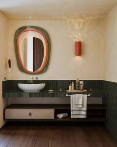 VOI Vila Do Farol Resort, Modernes Badezimmer des Hotelzimmers mit einer barrierefreien Dusche und Waschtisch.