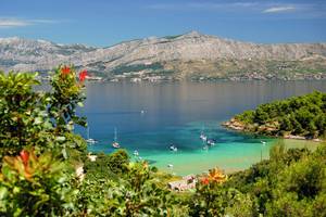 Türkisblaue Bucht auf Brac umgeben von Bäumen und Blick auf die Berge