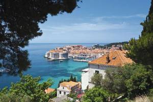 Dubrovnik von oben mit türkisblauem Meer und Bäumen