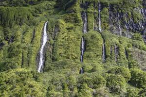 Wasserfall auf Flores grüner Felsen bewachsener Hang